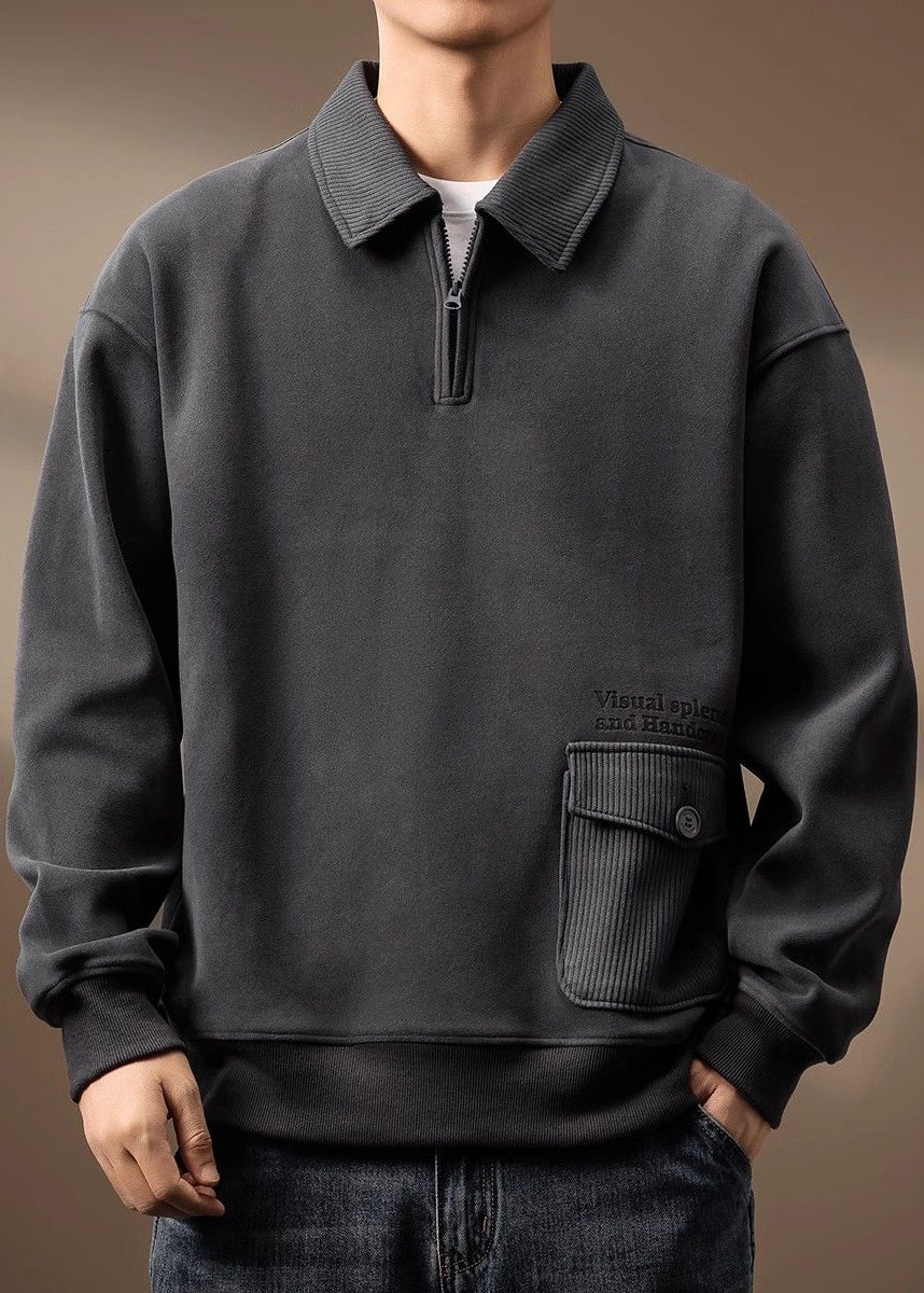 Zip Loose Cotton Sweatshirt Pockets Up Grey Spring Tc018
