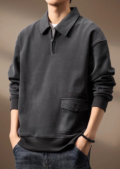 Zip Loose Cotton Sweatshirt Pockets Up Grey Spring Tc018