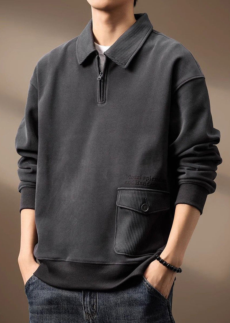Zip Loose Cotton Sweatshirt Pockets Up Grey Spring Tc018