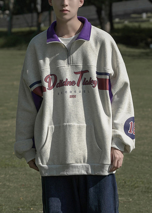 Cotton Sweatshirt Spring Grey Print Pockets Zippered Loose
