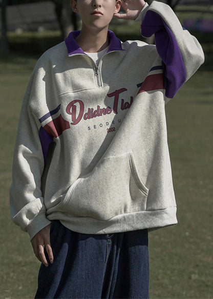 Cotton Sweatshirt Spring Grey Print Pockets Zippered Loose