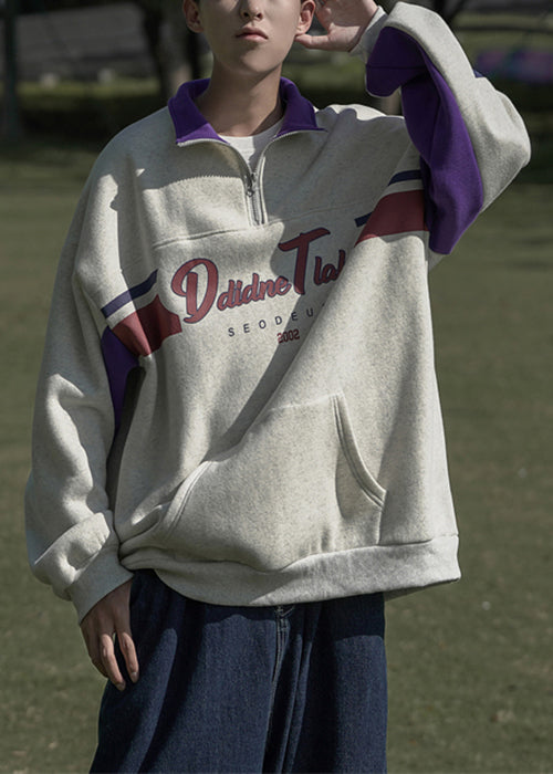Cotton Sweatshirt Spring Grey Print Pockets Zippered Loose