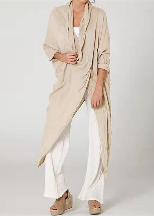 Loose Khaki Asymmetrical Wrinkled Cotton Blouses Long Sleeve Ff066