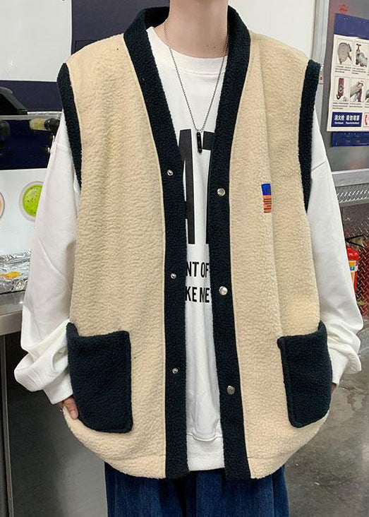 Loose Khaki Button Patchwork Teddy Faux Fur Waistcoat Sleeveless Rj035
