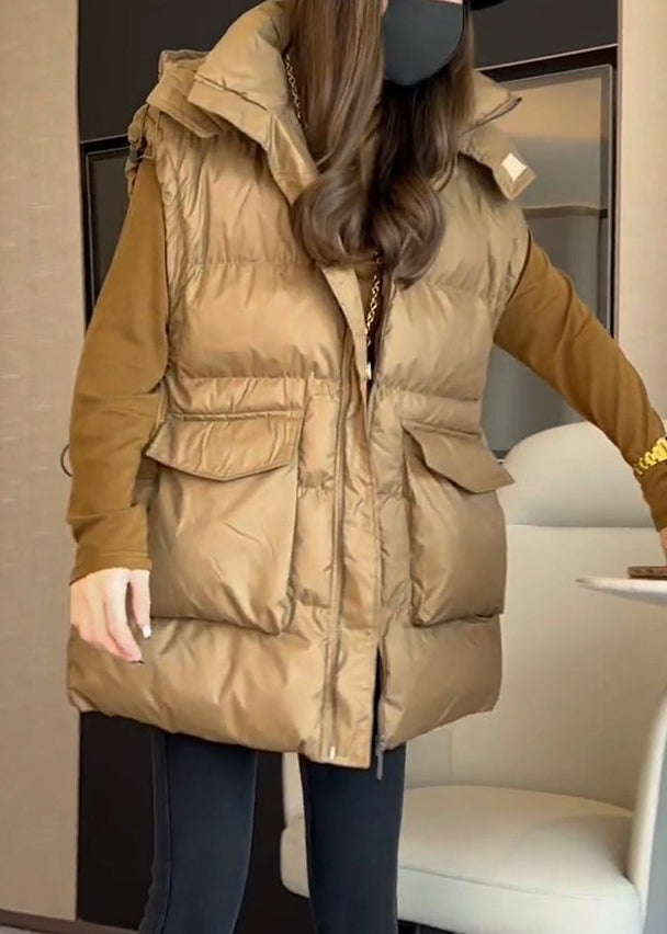 Loose Khaki Drawstring Pockets Cotton Filled Waistcoat Sleeveless Yw014