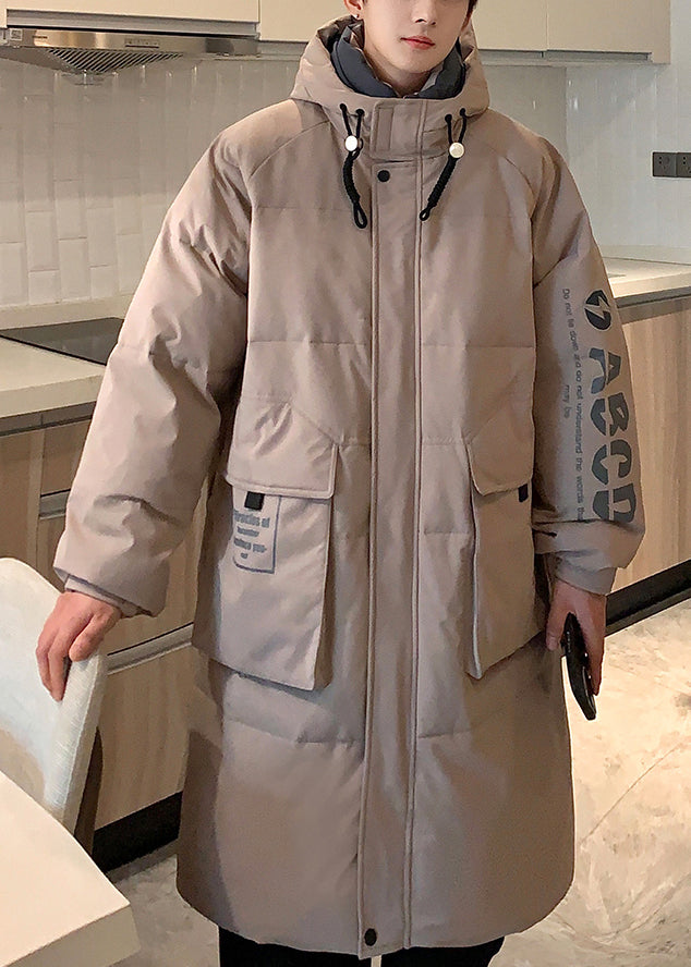 Loose Khaki Hooded Letter Pockets Duck Down Down Coat Winter Rj014