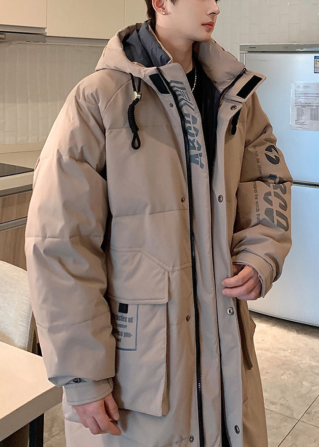 Loose Khaki Hooded Letter Pockets Duck Down Down Coat Winter Rj014