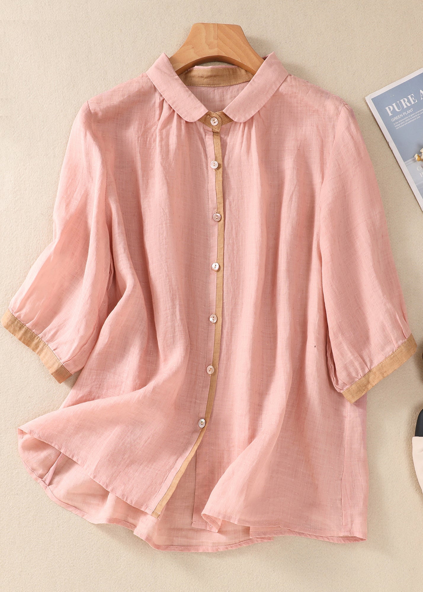 Loose Khaki Peter Pan Collar Button Linen Blouse Tops Summer Am1042