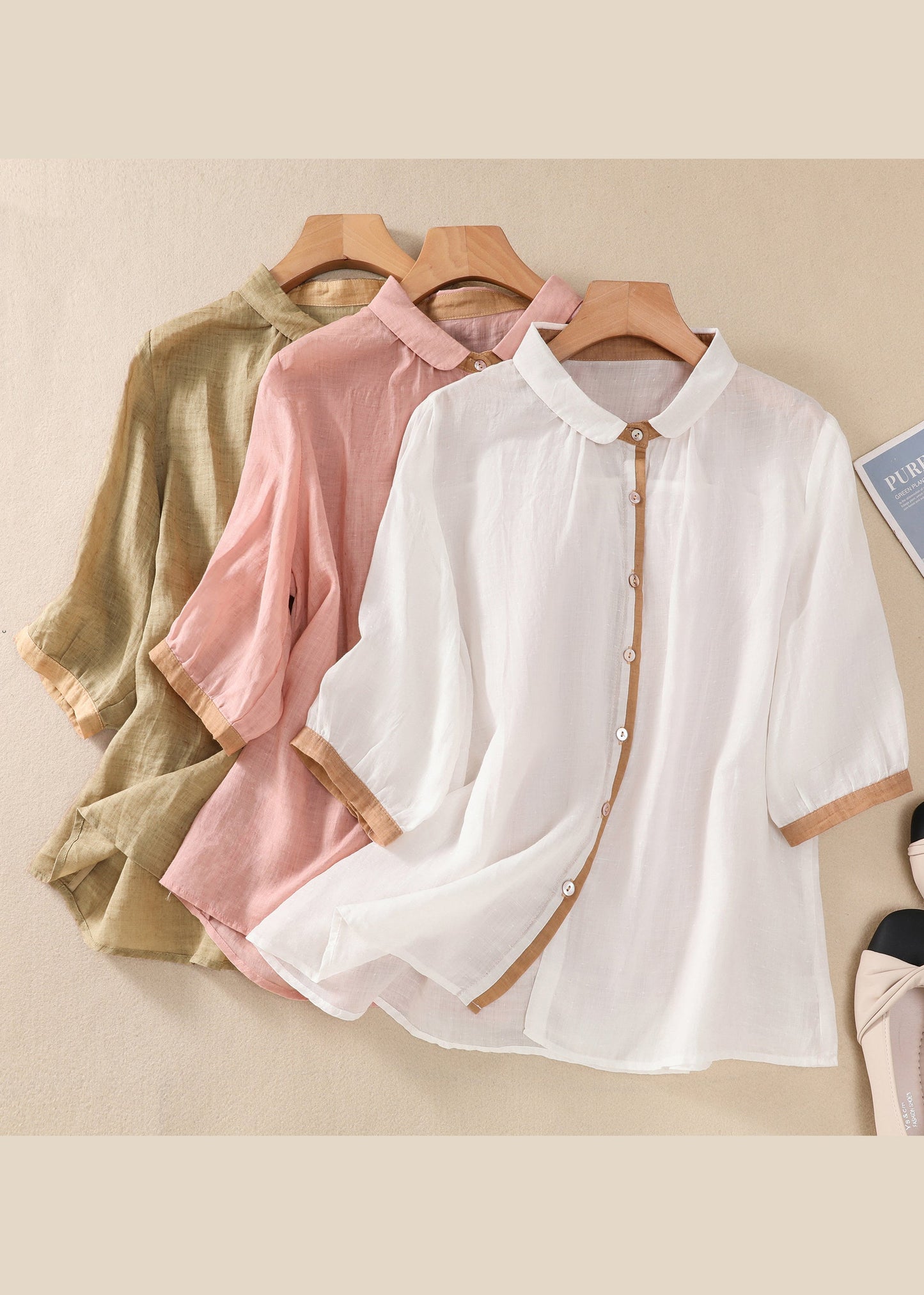 Loose Khaki Peter Pan Collar Button Linen Blouse Tops Summer Am1042