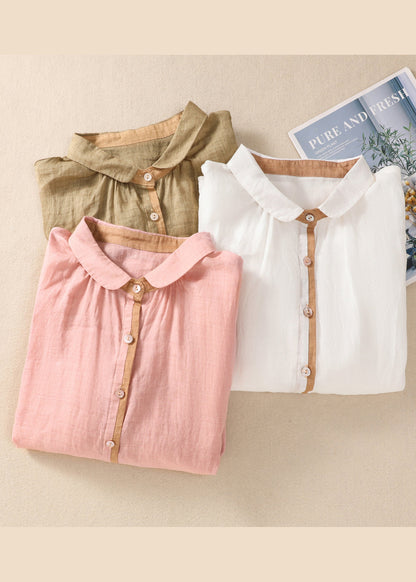 Loose Khaki Peter Pan Collar Button Linen Blouse Tops Summer Am1042