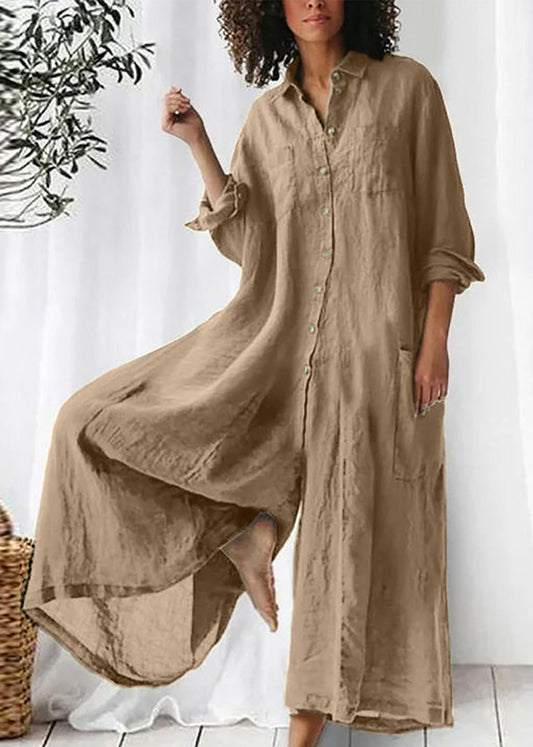 Loose Khaki Peter Pan Collar Button Pockets Linen Jumpsuits Long Sleeve Ff067
