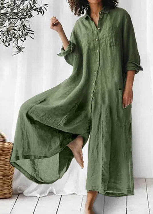 Loose Khaki Peter Pan Collar Button Pockets Linen Jumpsuits Long Sleeve Ff067