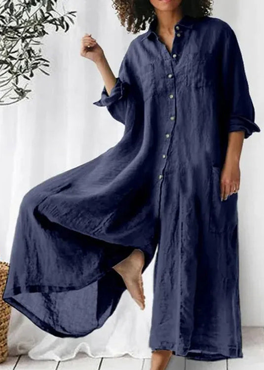 Loose Khaki Peter Pan Collar Button Pockets Linen Jumpsuits Long Sleeve Ff067