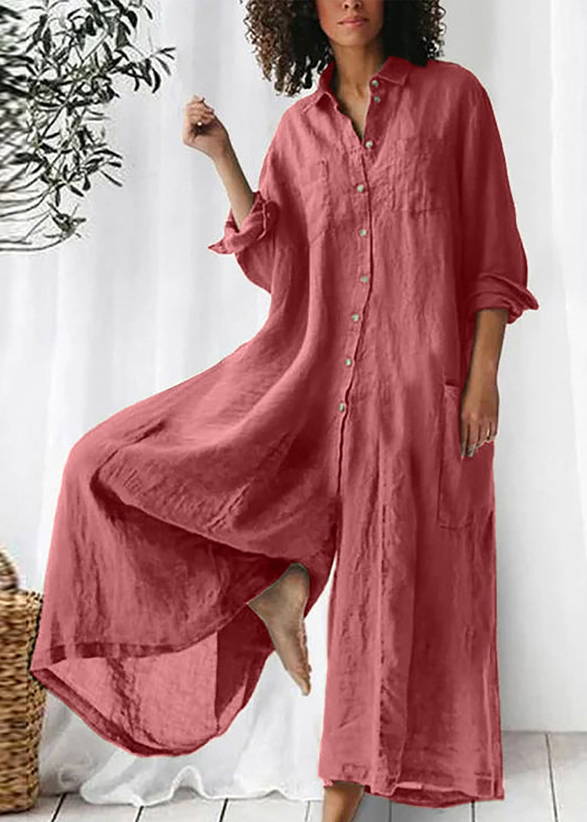 Loose Khaki Peter Pan Collar Button Pockets Linen Jumpsuits Long Sleeve Ff067