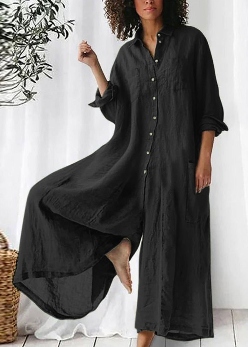 Loose Khaki Peter Pan Collar Button Pockets Linen Jumpsuits Long Sleeve Ff067