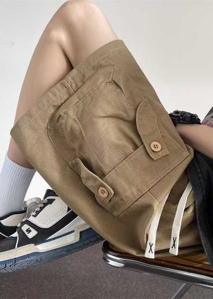 Drawstring Khaki Shorts Summer Cotton Button Pockets Loose