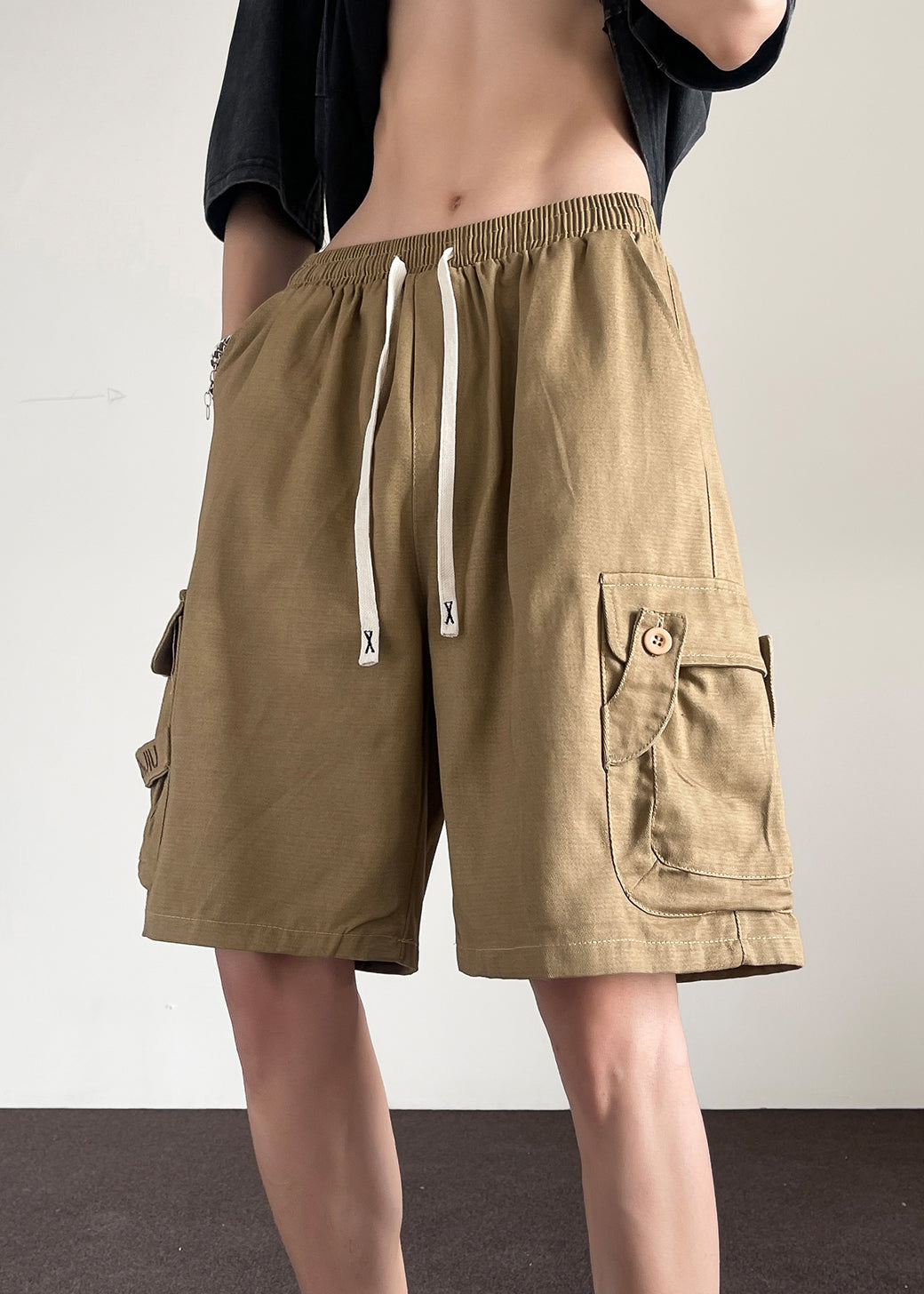 Drawstring Khaki Shorts Summer Cotton Button Pockets Loose