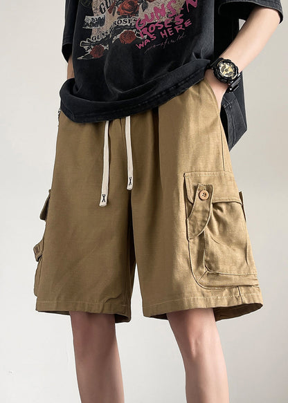 Drawstring Khaki Shorts Summer Cotton Button Pockets Loose