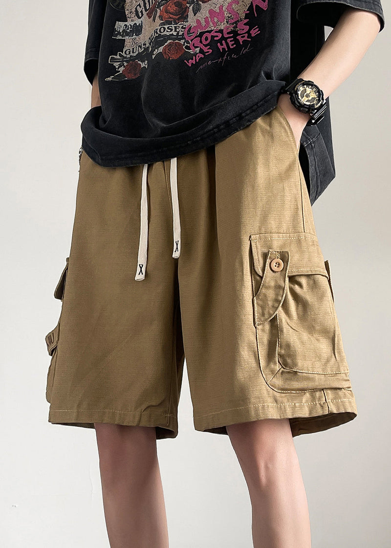 Drawstring Khaki Shorts Summer Cotton Button Pockets Loose