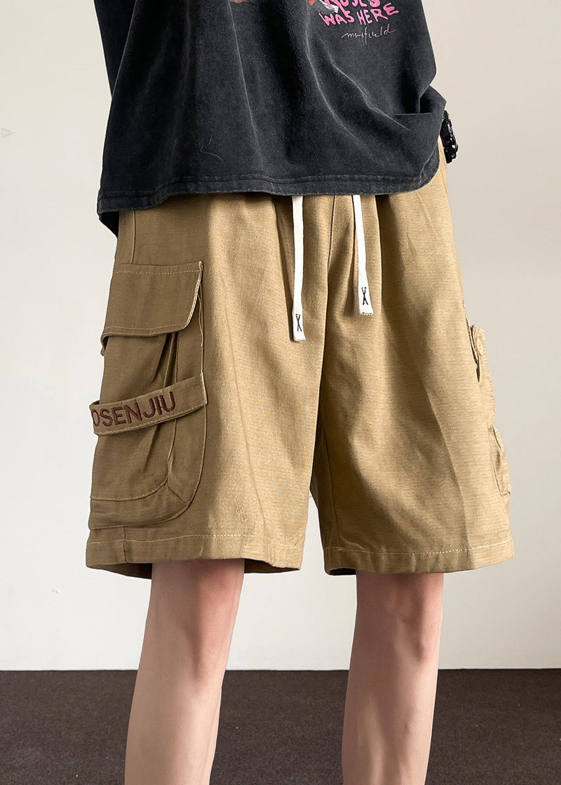 Drawstring Khaki Shorts Summer Cotton Button Pockets Loose