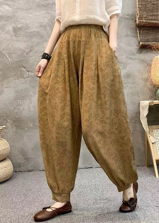 Loose Khaki Pockets Elastic Waist Cotton Crop Pants Summer Re005