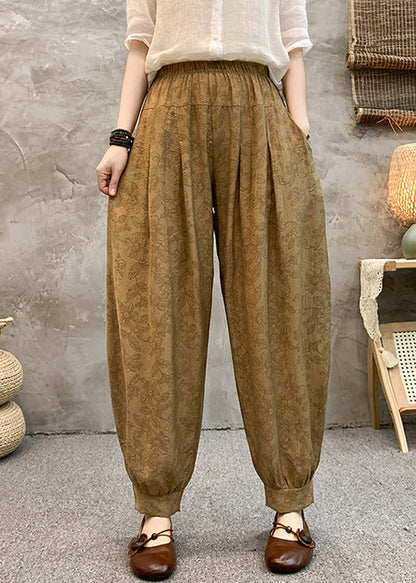 Loose Khaki Pockets Elastic Waist Cotton Crop Pants Summer Re005