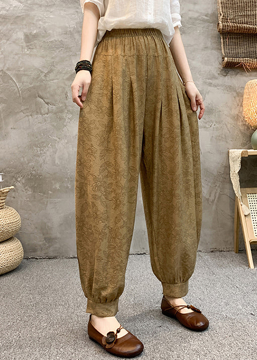 Loose Khaki Pockets Elastic Waist Cotton Crop Pants Summer Re005