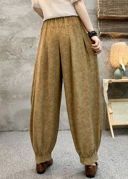 Loose Khaki Pockets Elastic Waist Cotton Crop Pants Summer Re005