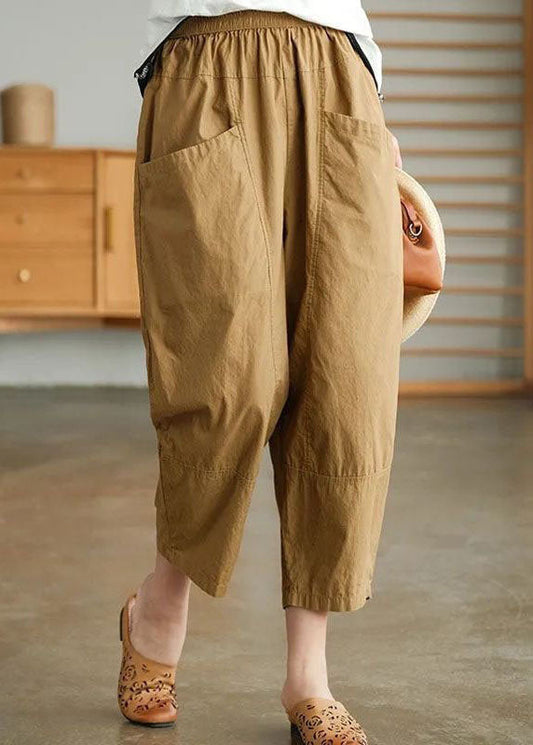 Loose Khaki Pockets Patchwork Cotton Crop Pants Summer Ly0591