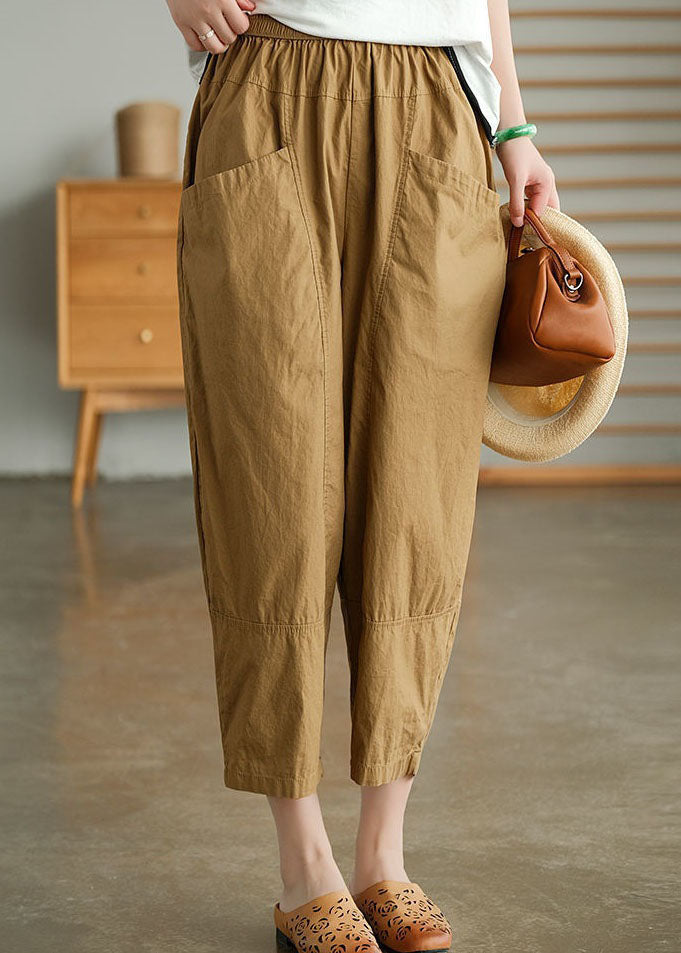 Loose Khaki Pockets Patchwork Cotton Crop Pants Summer Ly0591