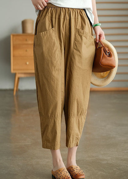 Loose Khaki Pockets Patchwork Cotton Crop Pants Summer Ly0591