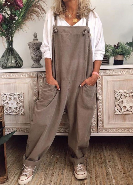 Loose Khaki Pockets Cotton Jumpsuit Sleeveless Ff062