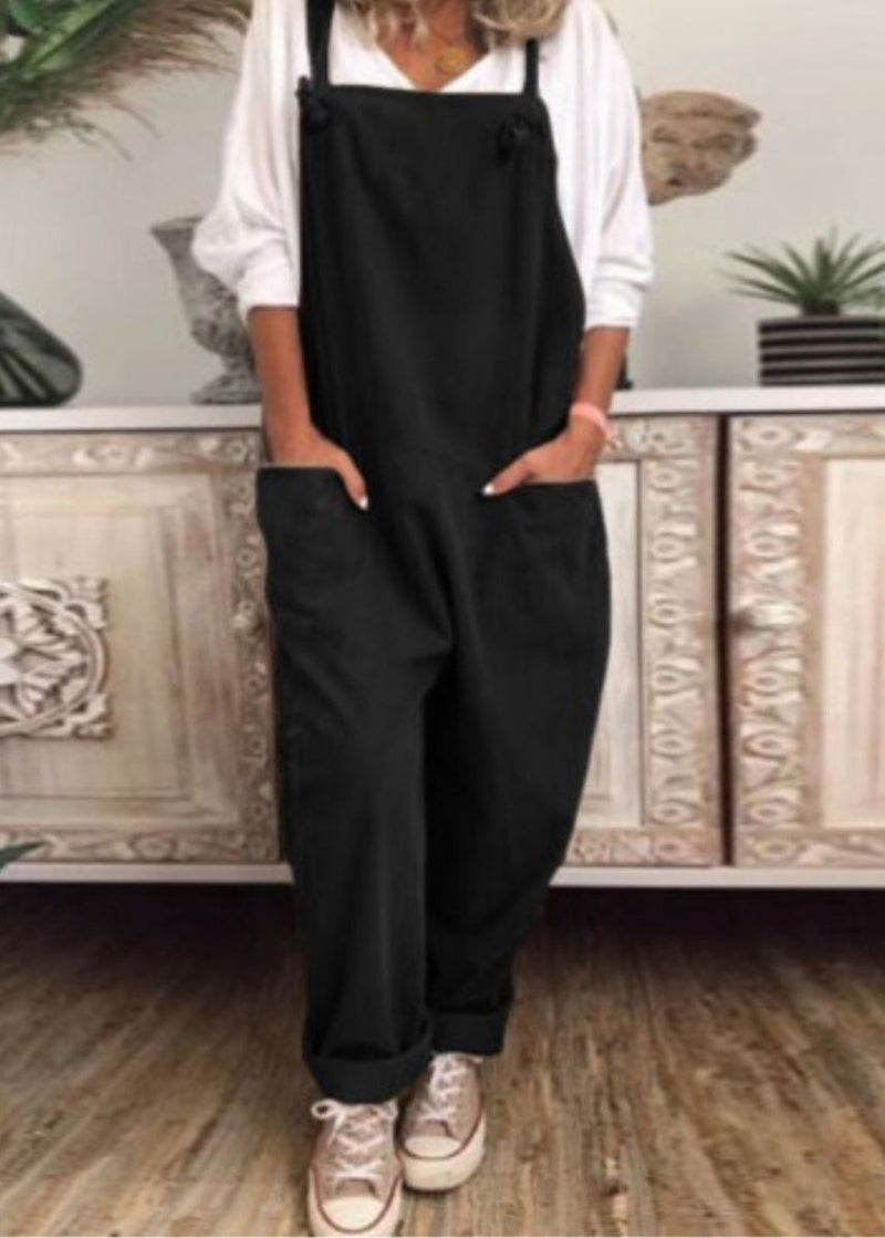 Loose Khaki Pockets Cotton Jumpsuit Sleeveless Ff062