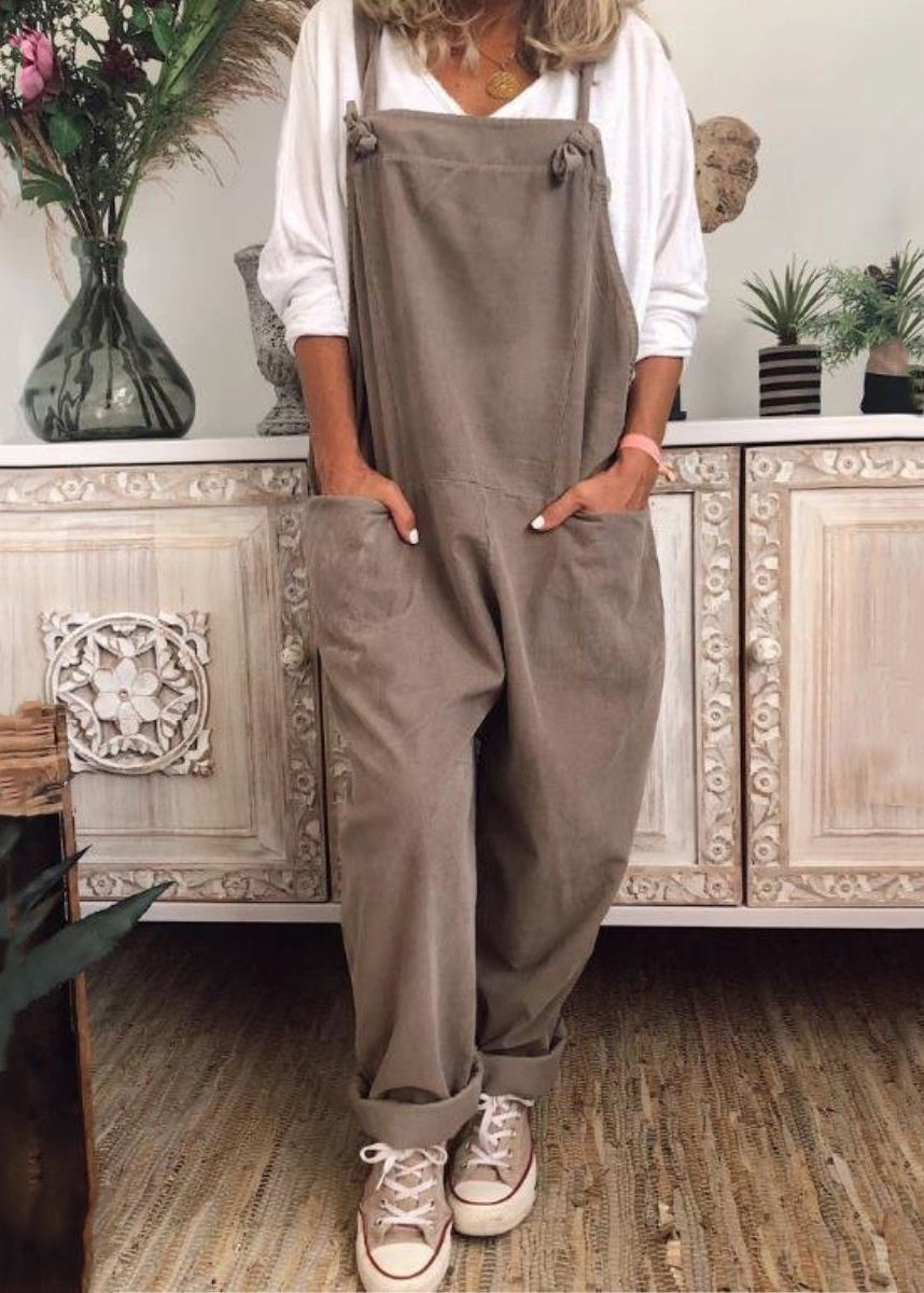 Loose Khaki Pockets Cotton Jumpsuit Sleeveless Ff062