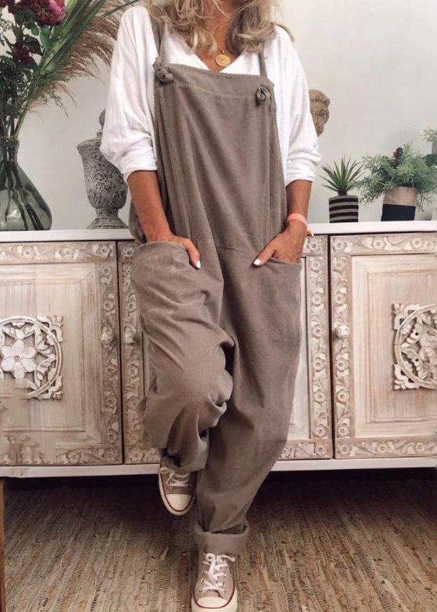 Loose Khaki Pockets Cotton Jumpsuit Sleeveless Ff062