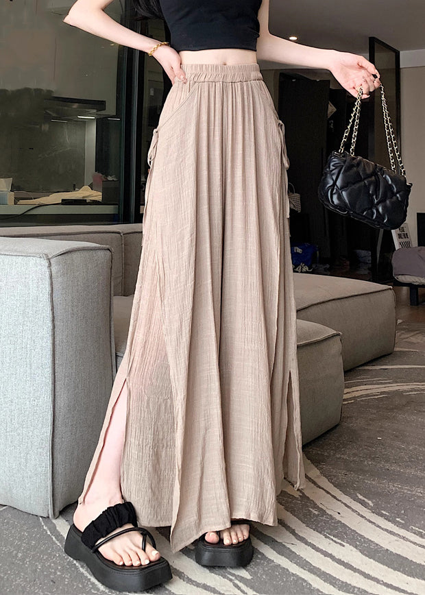 Loose Khaki Side Open Elastic Waist Linen Pants Fall Wq045