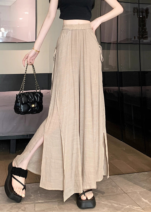 Loose Khaki Side Open Elastic Waist Linen Pants Fall Wq045