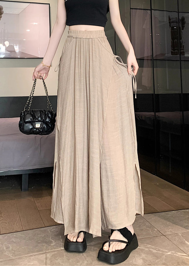 Loose Khaki Side Open Elastic Waist Linen Pants Fall Wq045
