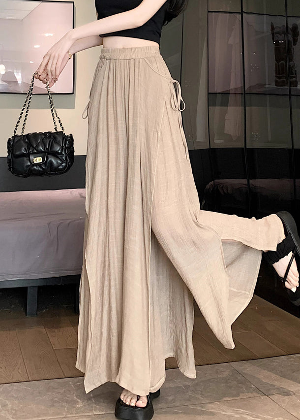 Loose Khaki Side Open Elastic Waist Linen Pants Fall Wq045