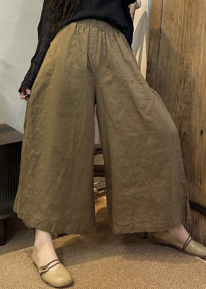 Loose Khaki Elastic Waist Linen Wide Leg Pants Summer Vv079
