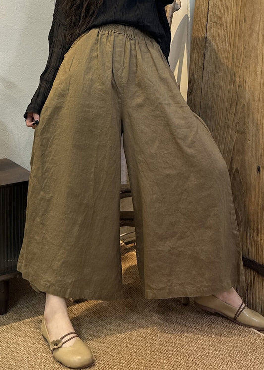 Loose Khaki Elastic Waist Linen Wide Leg Pants Summer Vv079