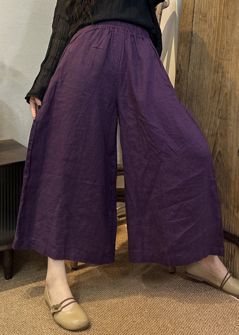 Loose Khaki Elastic Waist Linen Wide Leg Pants Summer Vv079