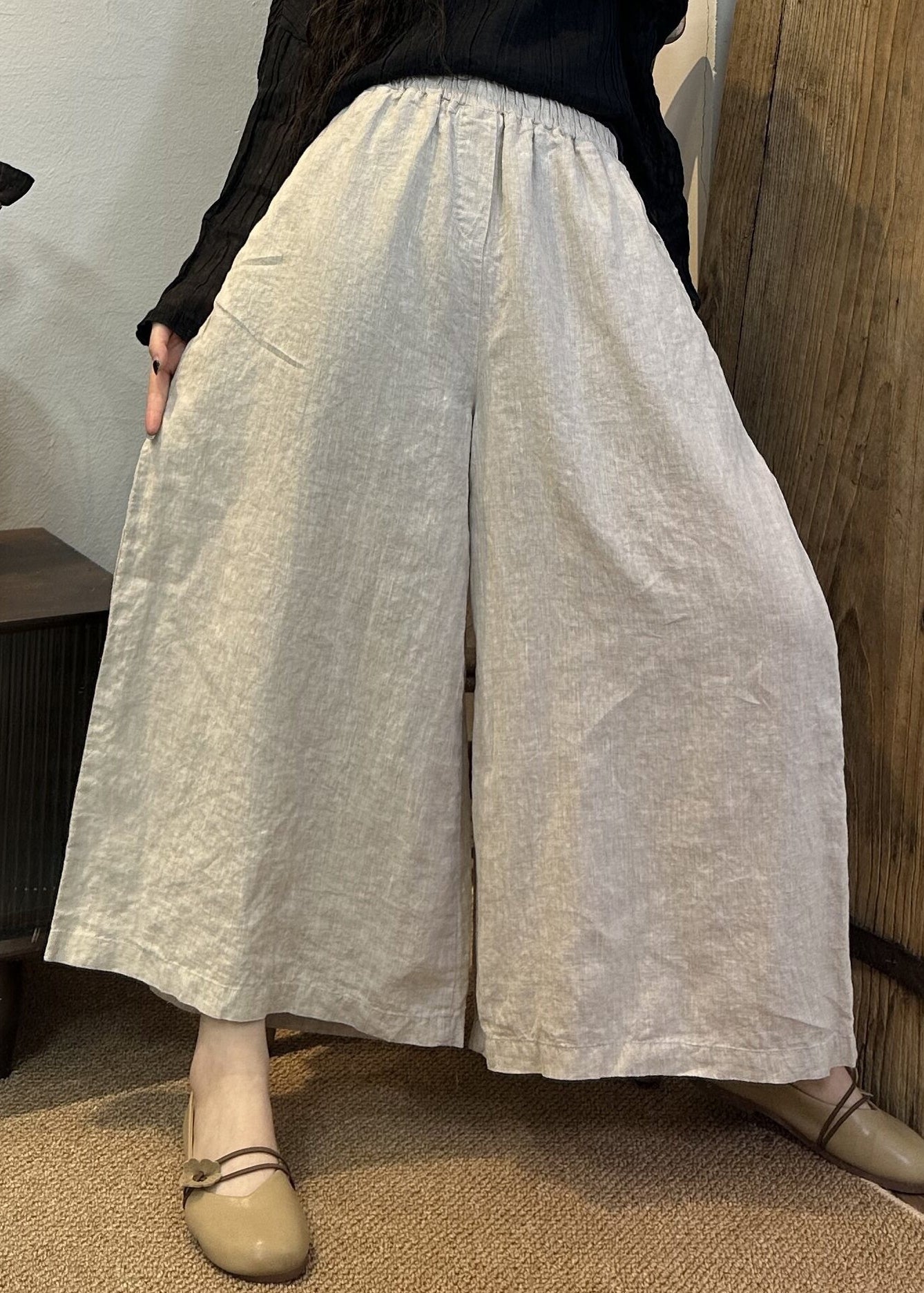 Loose Khaki Elastic Waist Linen Wide Leg Pants Summer Vv079