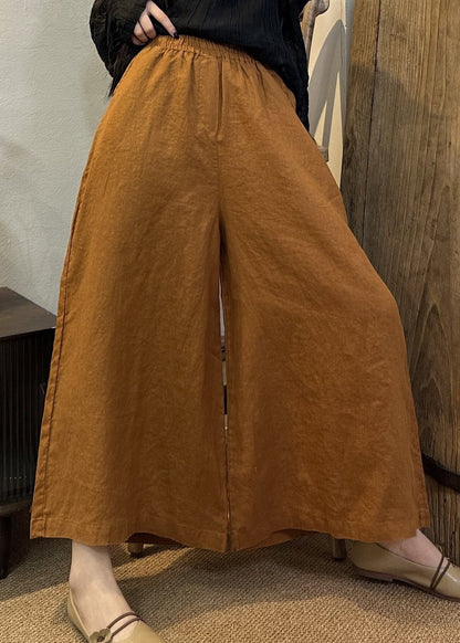 Loose Khaki Elastic Waist Linen Wide Leg Pants Summer Vv079
