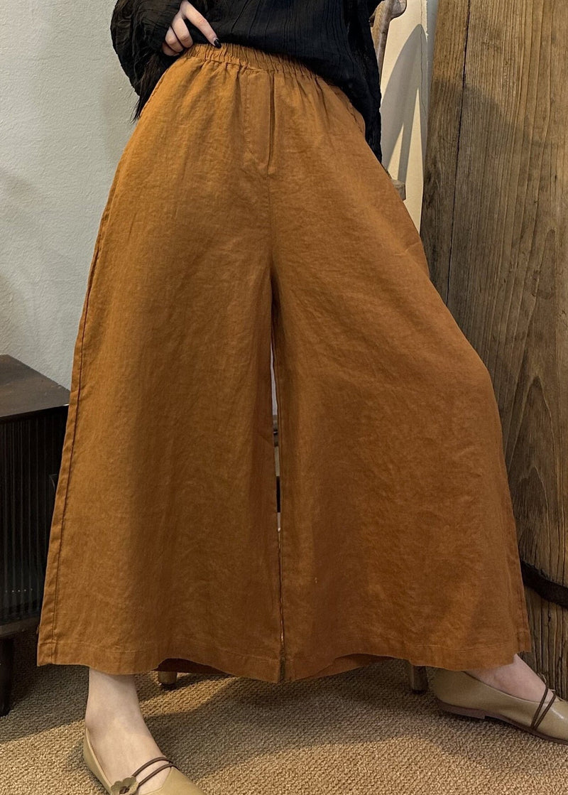 Loose Khaki Elastic Waist Linen Wide Leg Pants Summer Vv079