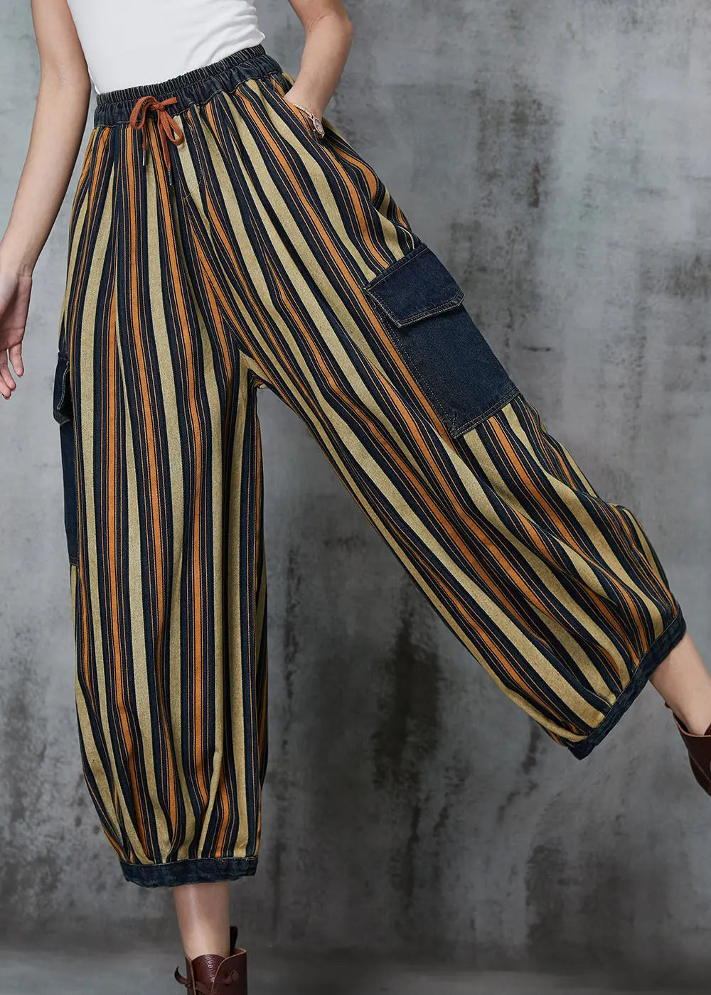 Loose Khaki Striped Patchwork Pockets Denim Pants Spring Jk1046