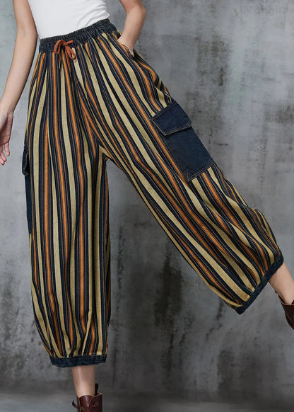 Loose Khaki Striped Patchwork Pockets Denim Pants Spring Jk1046