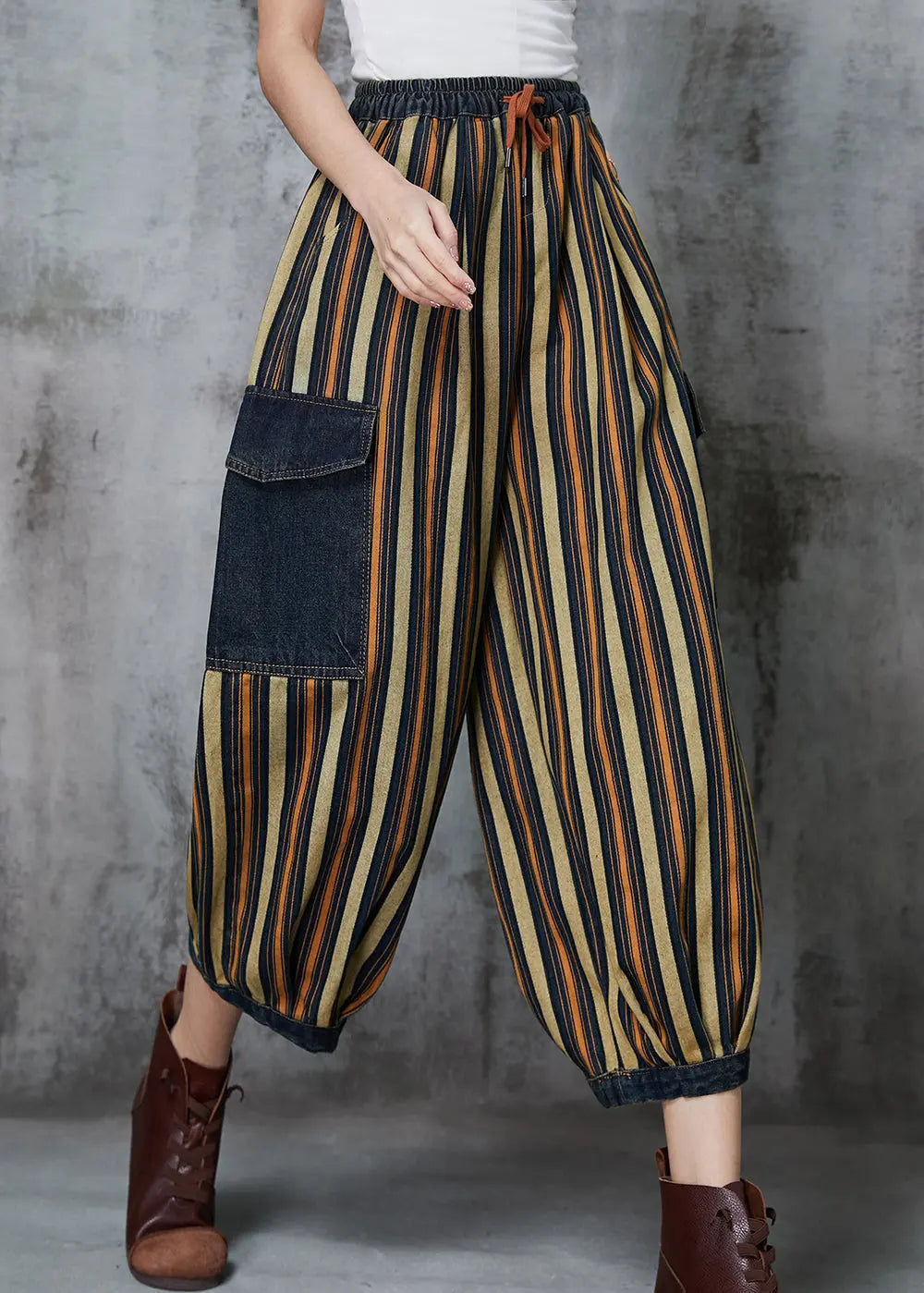 Loose Khaki Striped Patchwork Pockets Denim Pants Spring Jk1046