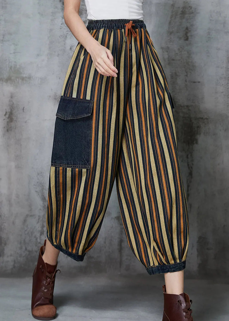 Loose Khaki Striped Patchwork Pockets Denim Pants Spring Jk1046
