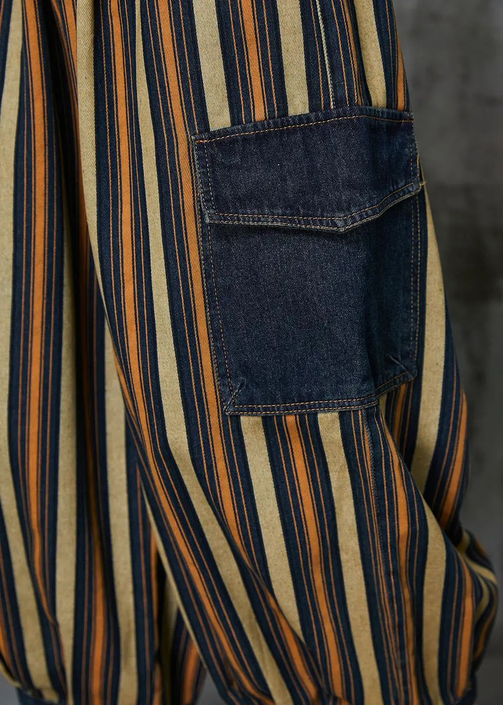 Loose Khaki Striped Patchwork Pockets Denim Pants Spring Jk1046